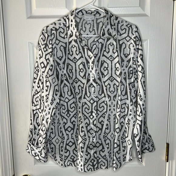 J Jill Love Linen Button Down Top White and Black Long Sleeve Size Small - Picture 1 of 7
